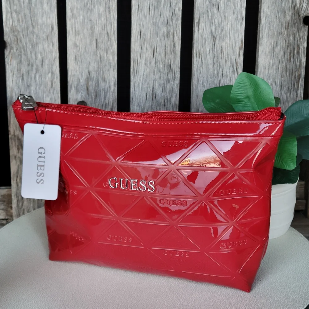 Red Patent GUESS Shiny Finish Embossed Cosmetic Zip Pouch